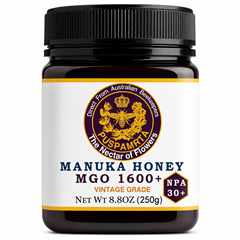 Puspamrta MGO 1600+ Australian Manuka Honey jar with NPA 30+ Vintage Grade label