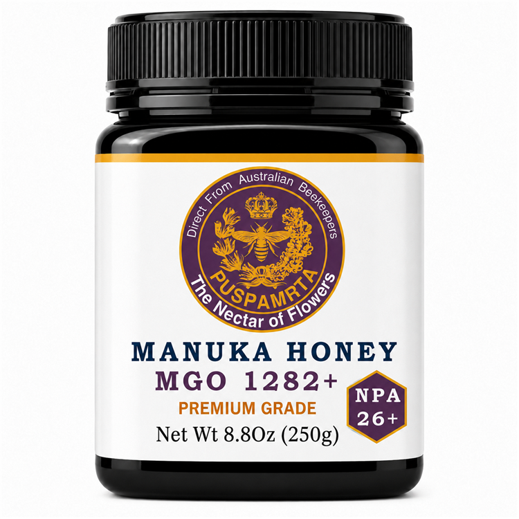Puspamrta MGO 1282+ Australian Manuka Honey 250g jar available online at Evithi