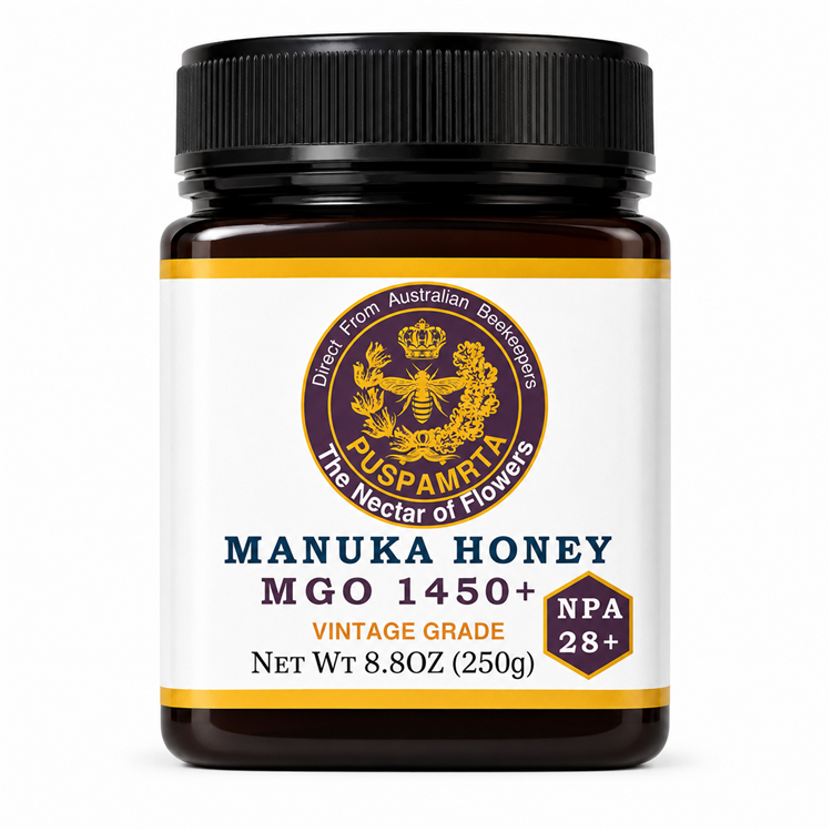 Puspamrta MGO 1450+ Australian Manuka Honey 250g jar with NPA 28+ label