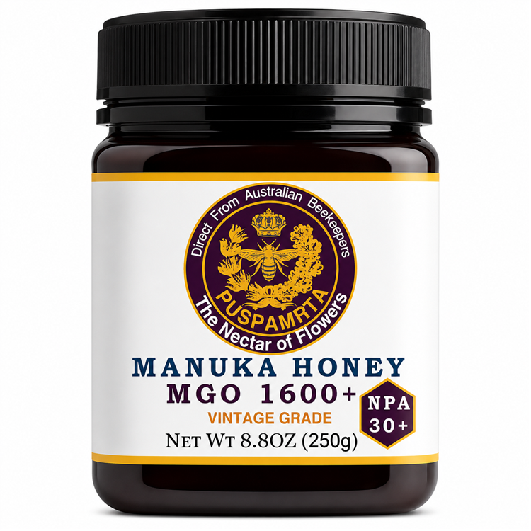 Puspamrta MGO 1600+ Australian Manuka Honey 250g jar with NPA 30+ label