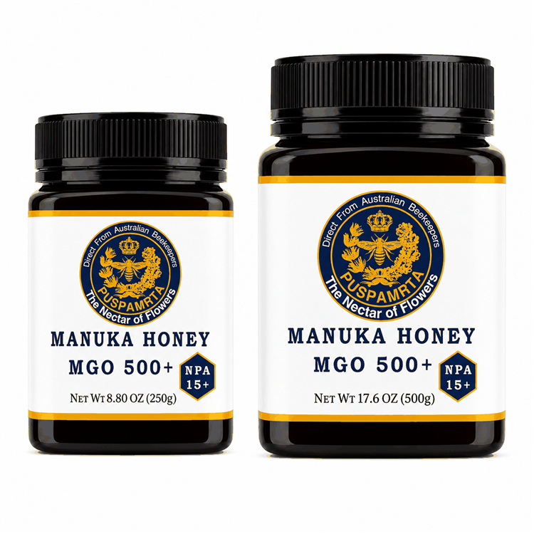 Puspamrta MGO 500+ Australian Manuka Honey available in 250g and 500g jars