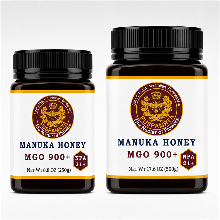 Puspamrta MGO 900+ Australian Manuka Honey available in 250g and 500g jars