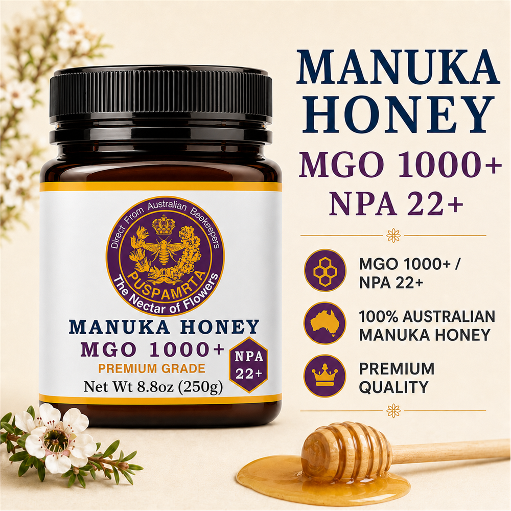 Puspamrta MGO 1000+ Australian Manuka Honey 250g jar available online at Evithi