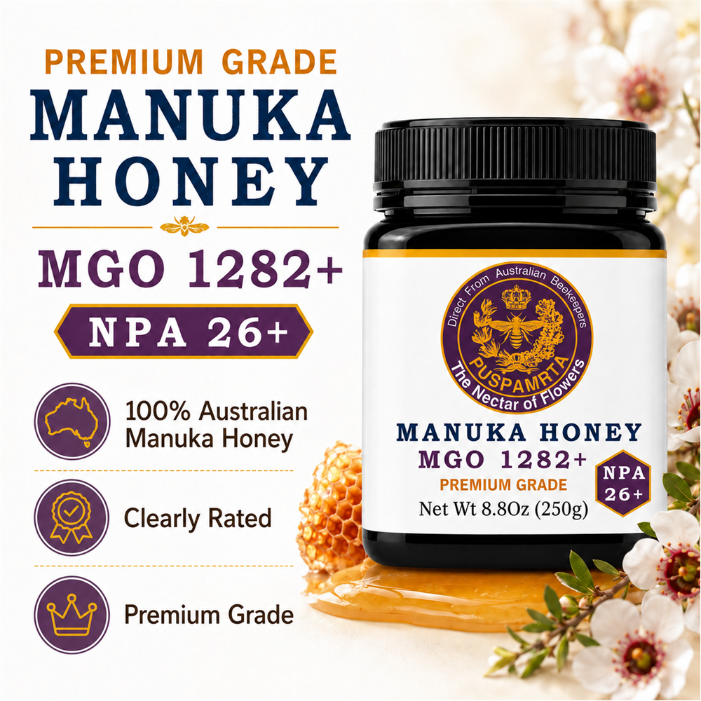 Puspamrta MGO 1282+ Australian Manuka Honey 250g jar available online at Evithi