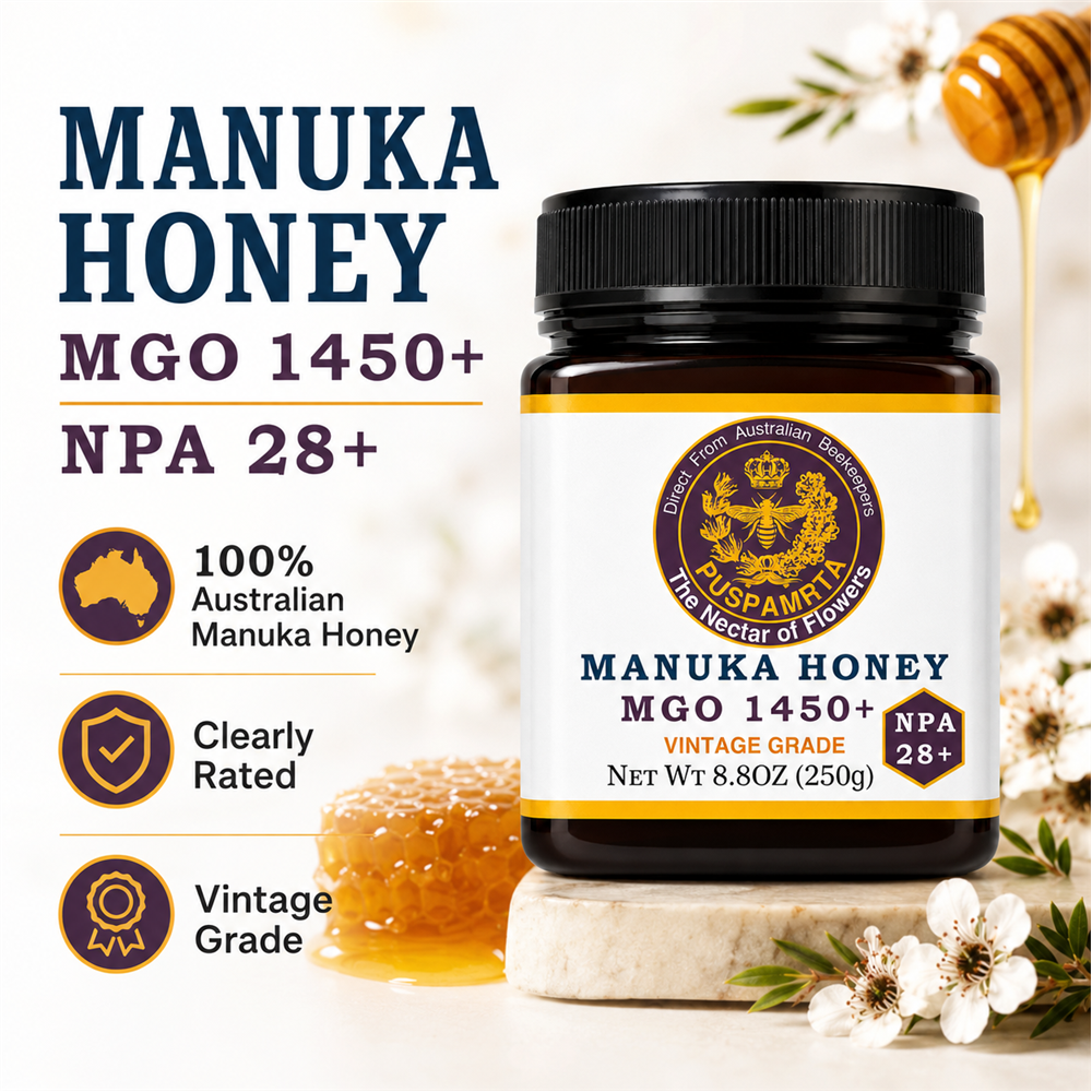 Puspamrta MGO 1450+ Australian Manuka Honey 250g jar with NPA 28+ label