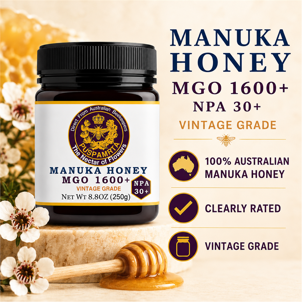 Puspamrta MGO 1600+ Australian Manuka Honey 250g jar with NPA 30+ label