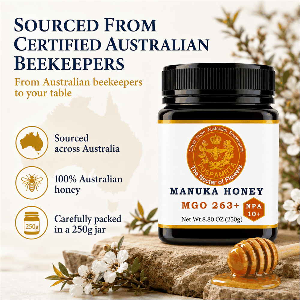 Puspamrta MGO 263+ Australian Manuka Honey available in 250g and 500g jars