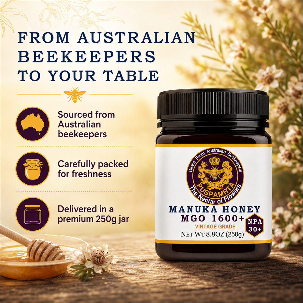 Puspamrta MGO 1600+ Australian Manuka Honey 250g jar with NPA 30+ label