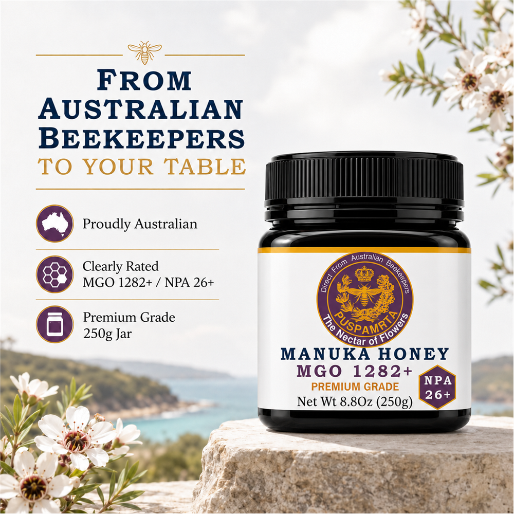 Puspamrta MGO 1282+ Australian Manuka Honey 250g jar available online at Evithi