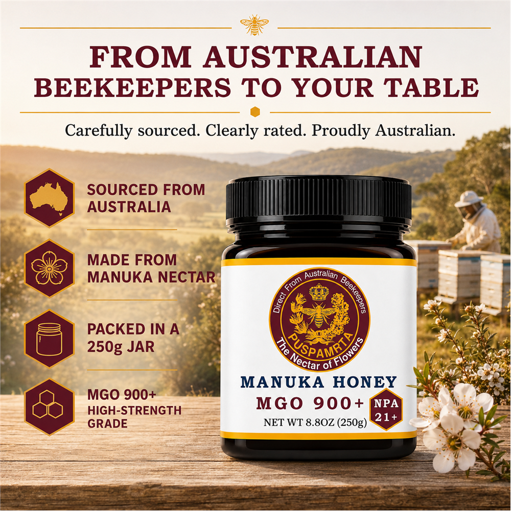 Puspamrta MGO 900+ Australian Manuka Honey available in 250g and 500g jars