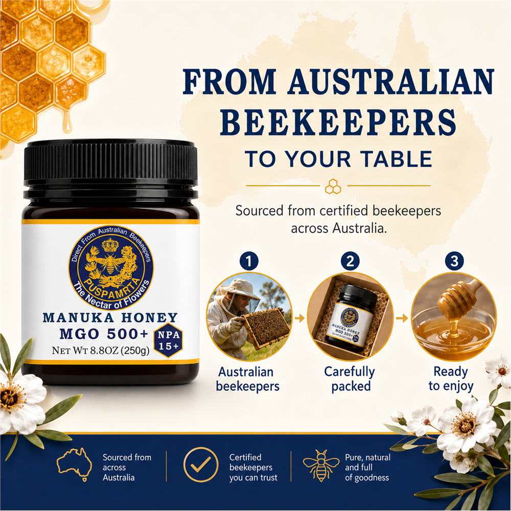 Puspamrta MGO 500+ Australian Manuka Honey available in 250g and 500g jars