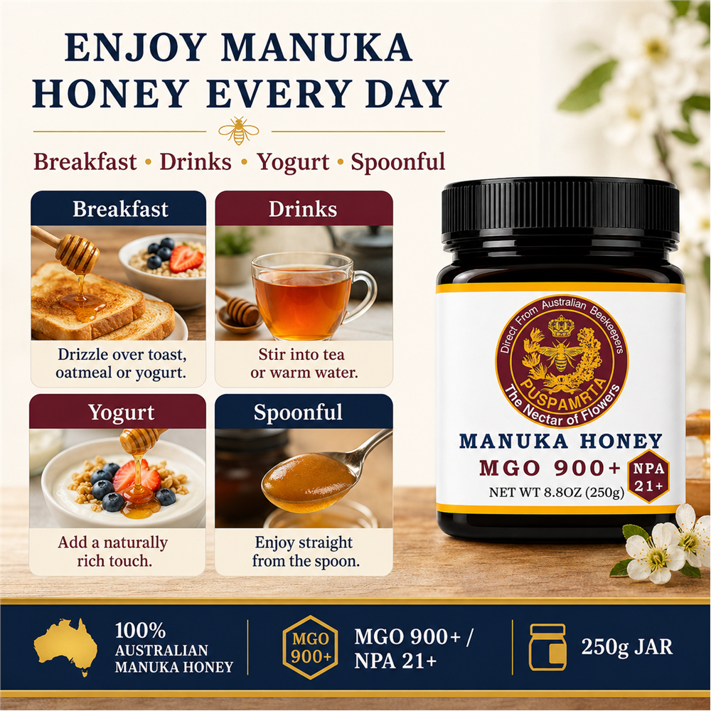 Puspamrta MGO 900+ Australian Manuka Honey available in 250g and 500g jars