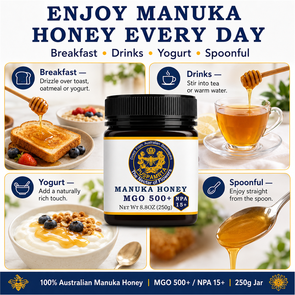 Puspamrta MGO 500+ Australian Manuka Honey available in 250g and 500g jars