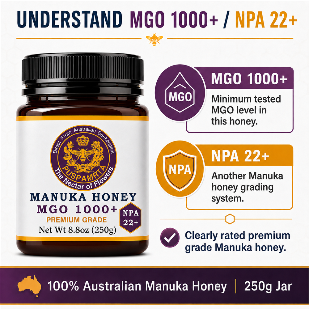 Puspamrta MGO 1000+ Australian Manuka Honey 250g jar available online at Evithi