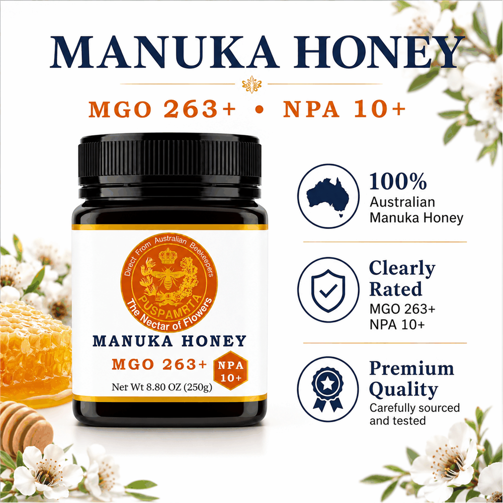 Puspamrta MGO 263+ Australian Manuka Honey available in 250g and 500g jars