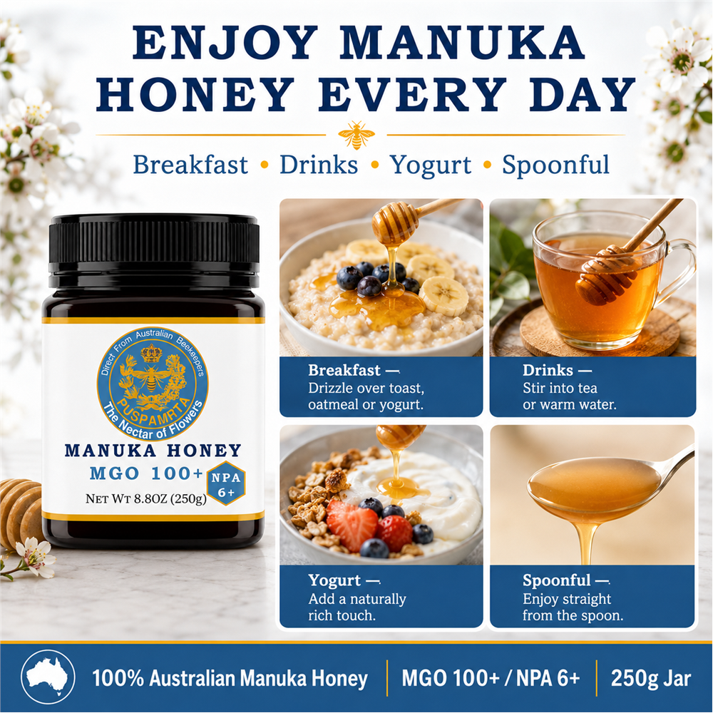 Puspamrta MGO 100+ Australian Manuka Honey available in 250g and 500g jars