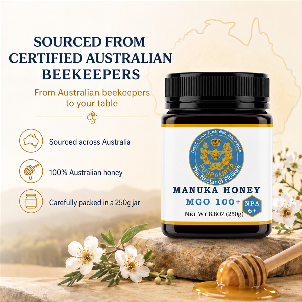 Puspamrta MGO 100+ Australian Manuka Honey available in 250g and 500g jars