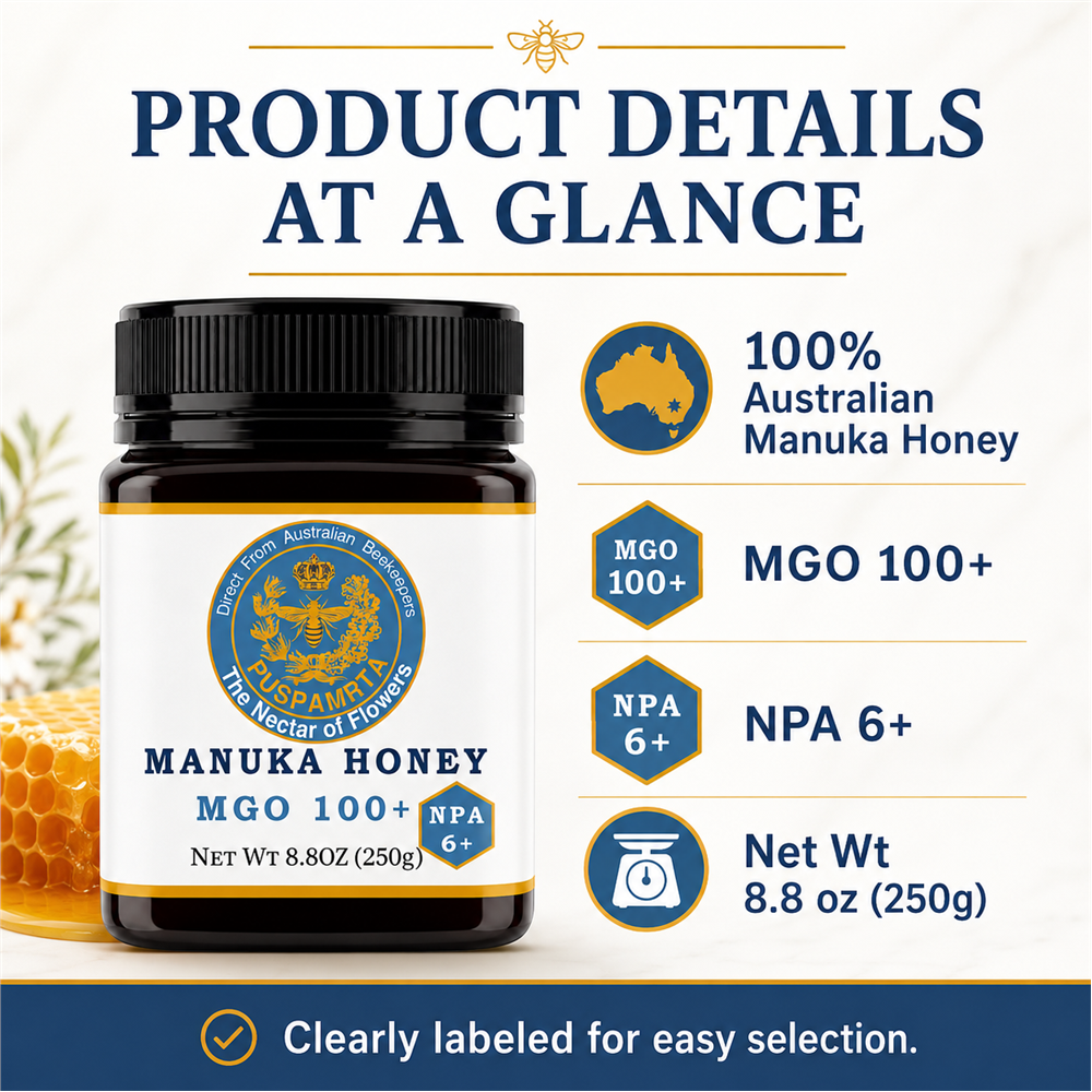 Puspamrta MGO 100+ Australian Manuka Honey available in 250g and 500g jars