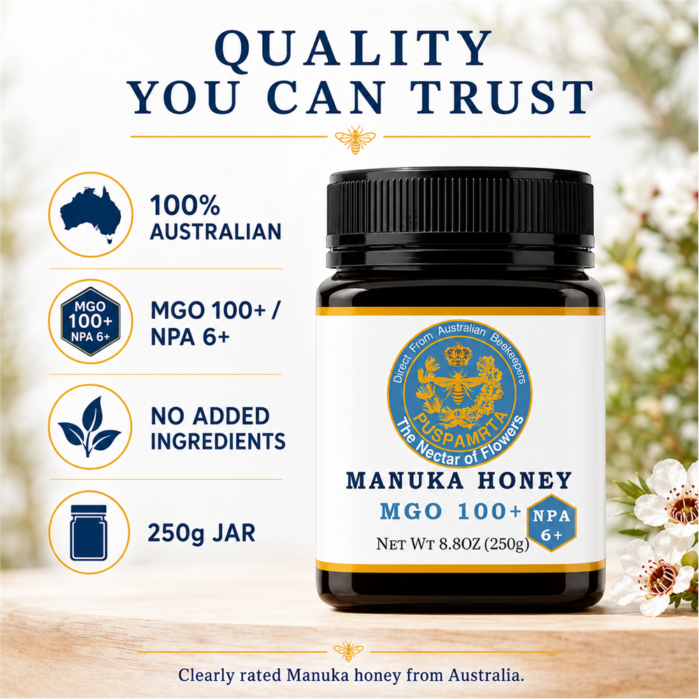 Puspamrta MGO 100+ Australian Manuka Honey available in 250g and 500g jars