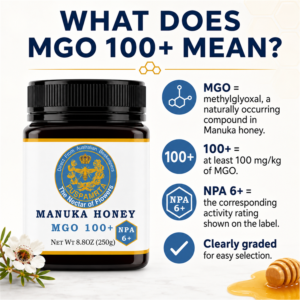 Puspamrta MGO 100+ Australian Manuka Honey available in 250g and 500g jars