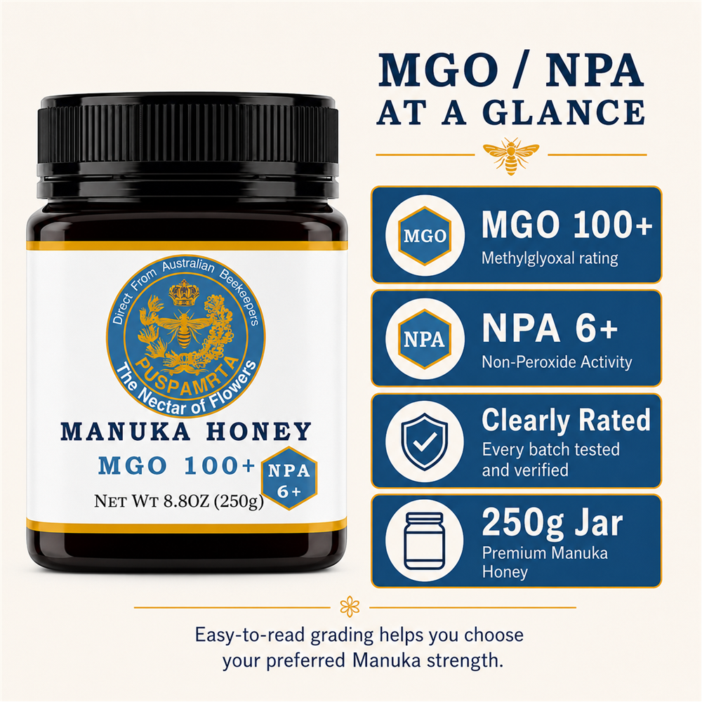 Puspamrta MGO 100+ Australian Manuka Honey available in 250g and 500g jars