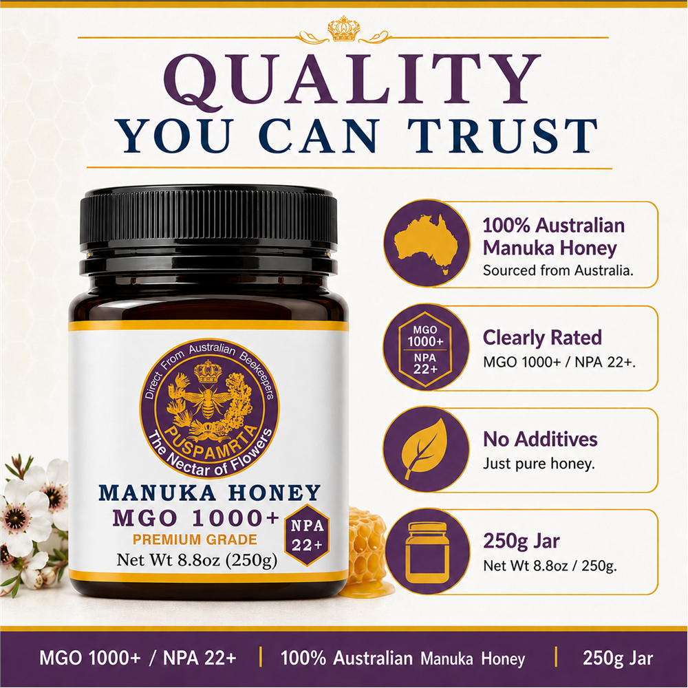 Puspamrta MGO 1000+ Australian Manuka Honey 250g jar available online at Evithi