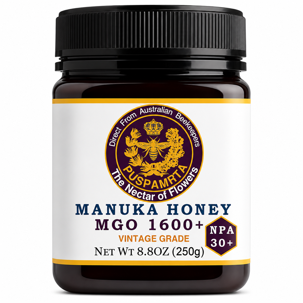 Puspamrta MGO 1600+ Australian Manuka Honey 250g jar with NPA 30+ label