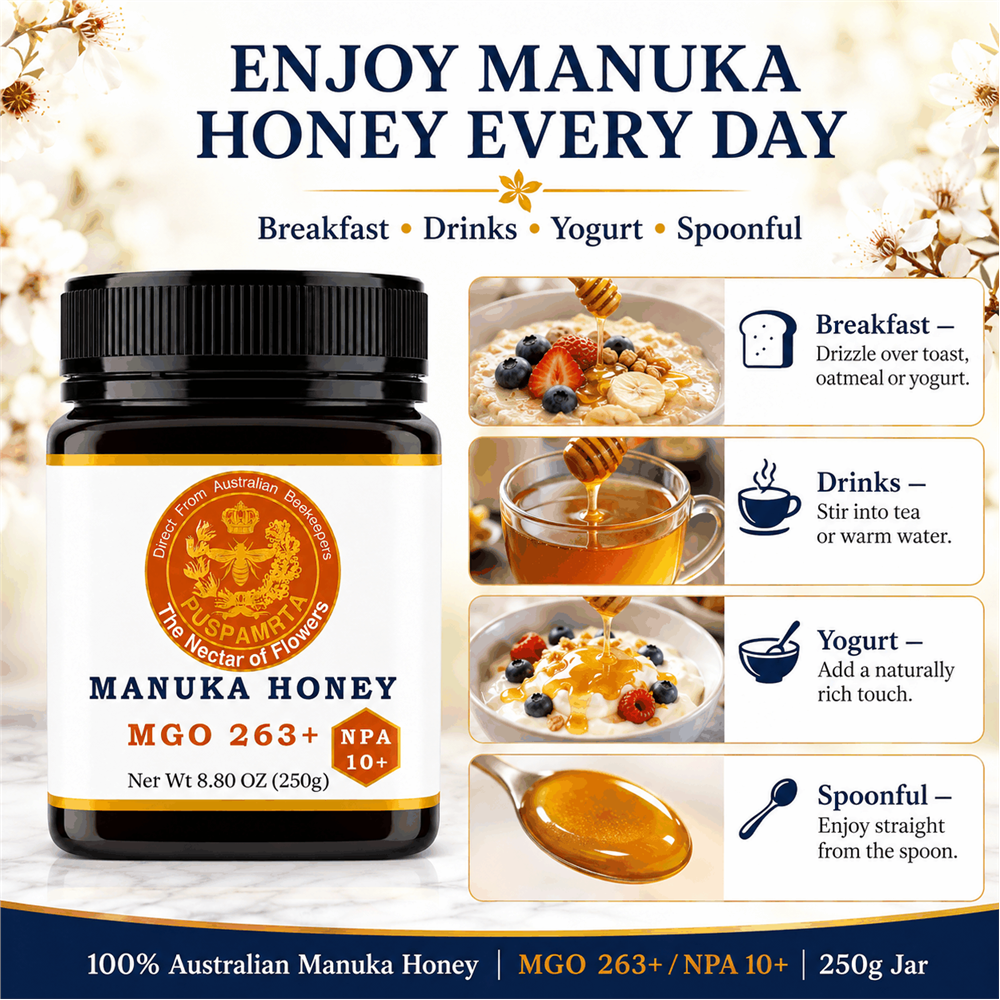 Puspamrta MGO 263+ Australian Manuka Honey available in 250g and 500g jars