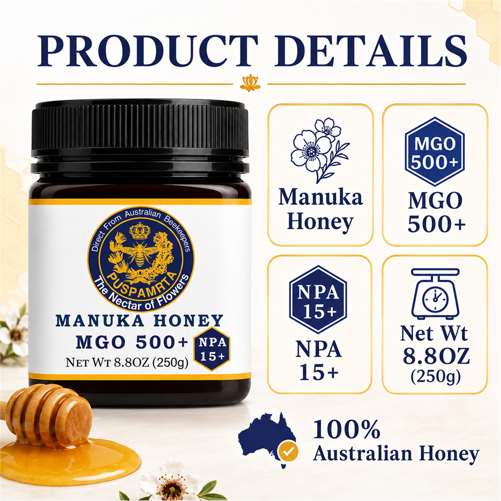 Puspamrta MGO 500+ Australian Manuka Honey available in 250g and 500g jars