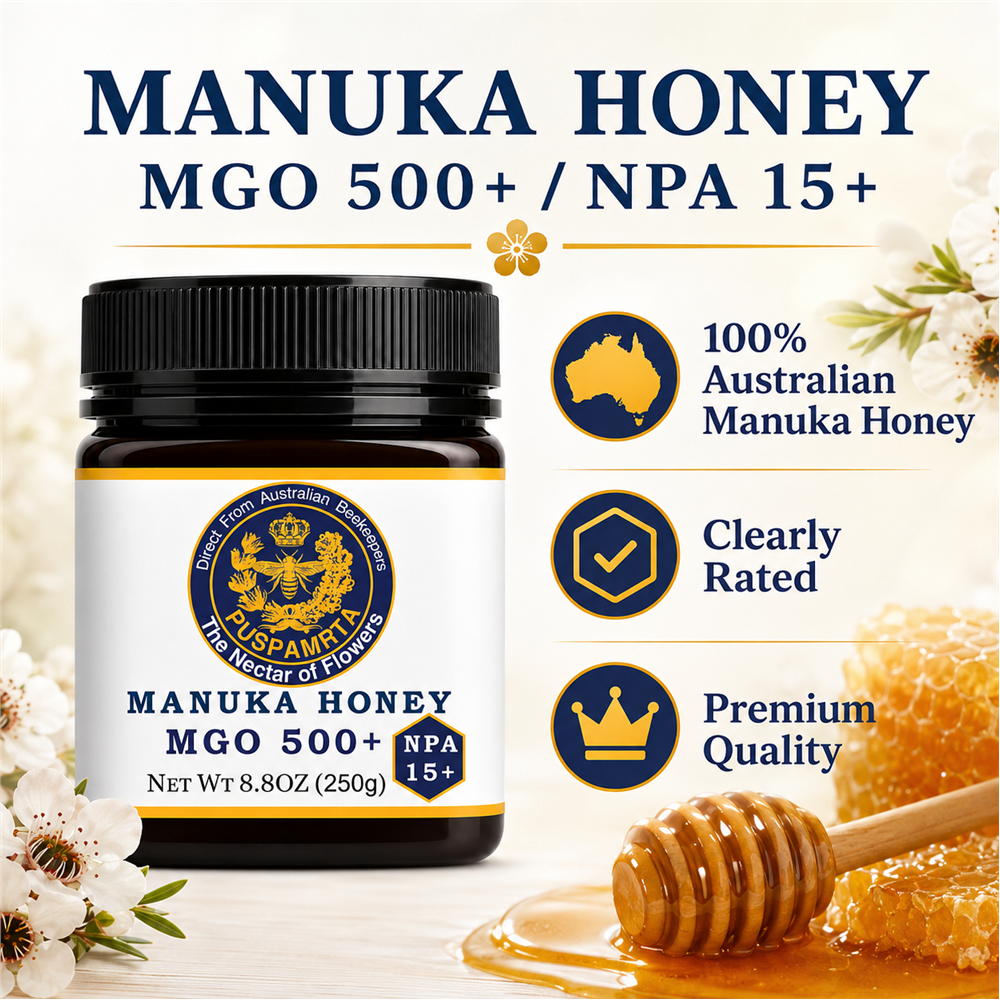 Puspamrta MGO 500+ Australian Manuka Honey available in 250g and 500g jars