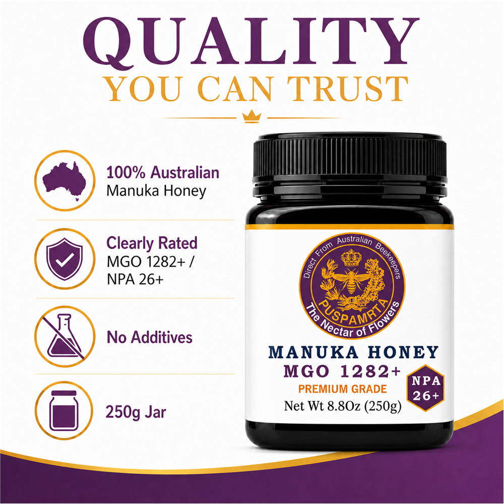 Puspamrta MGO 1282+ Australian Manuka Honey 250g jar available online at Evithi