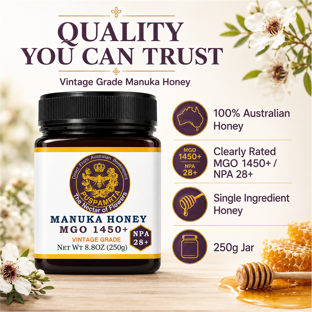 Puspamrta MGO 1450+ Australian Manuka Honey 250g jar with NPA 28+ label