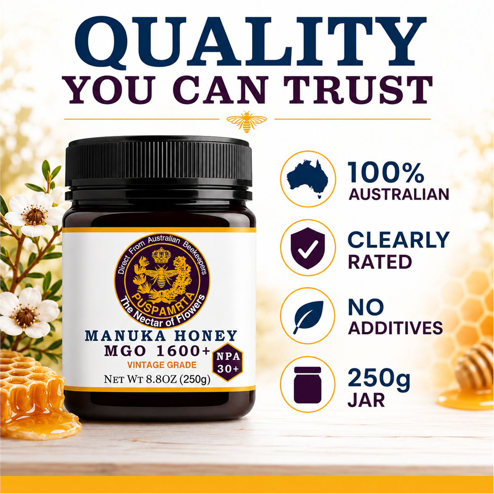 Puspamrta MGO 1600+ Australian Manuka Honey 250g jar with NPA 30+ label