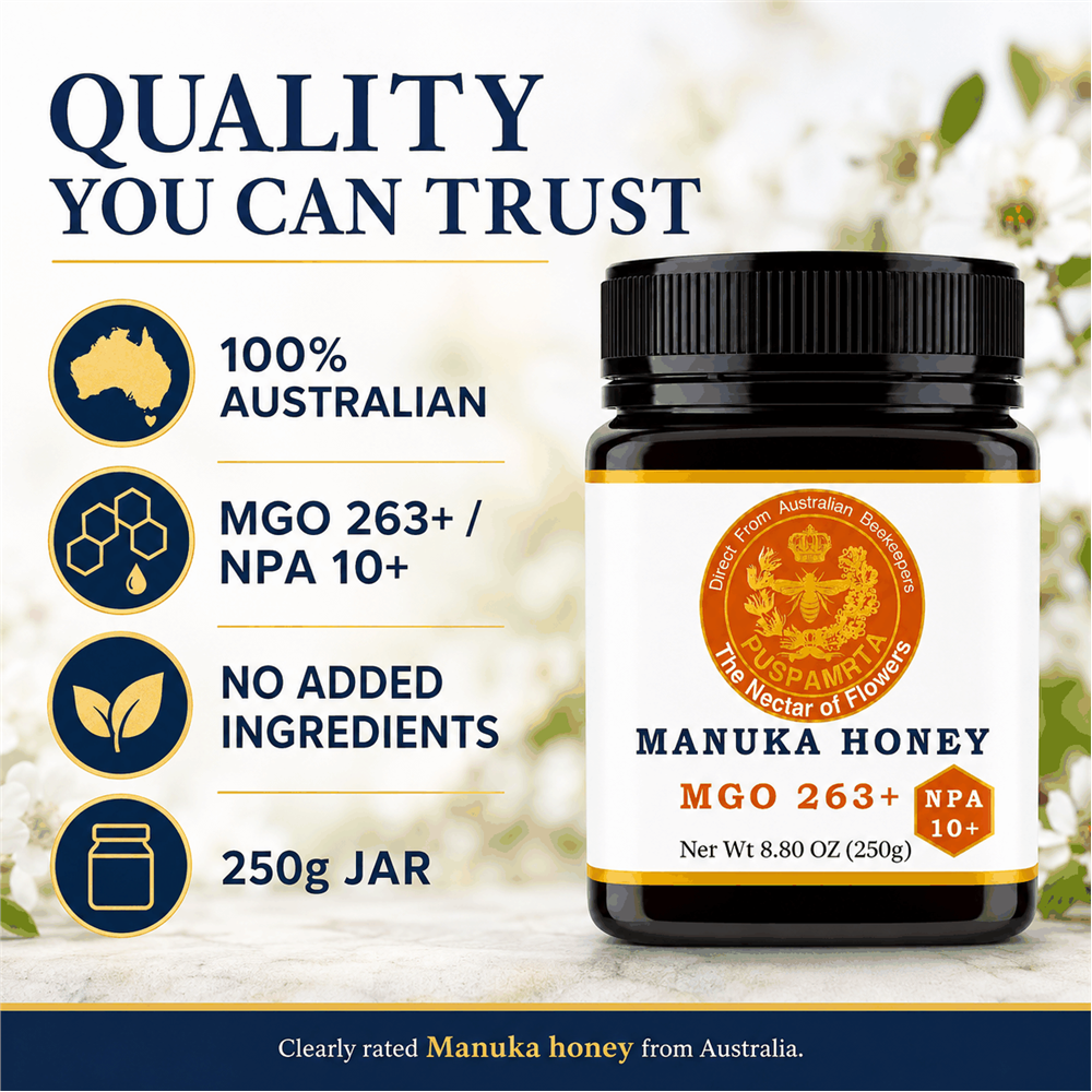 Puspamrta MGO 263+ Australian Manuka Honey available in 250g and 500g jars