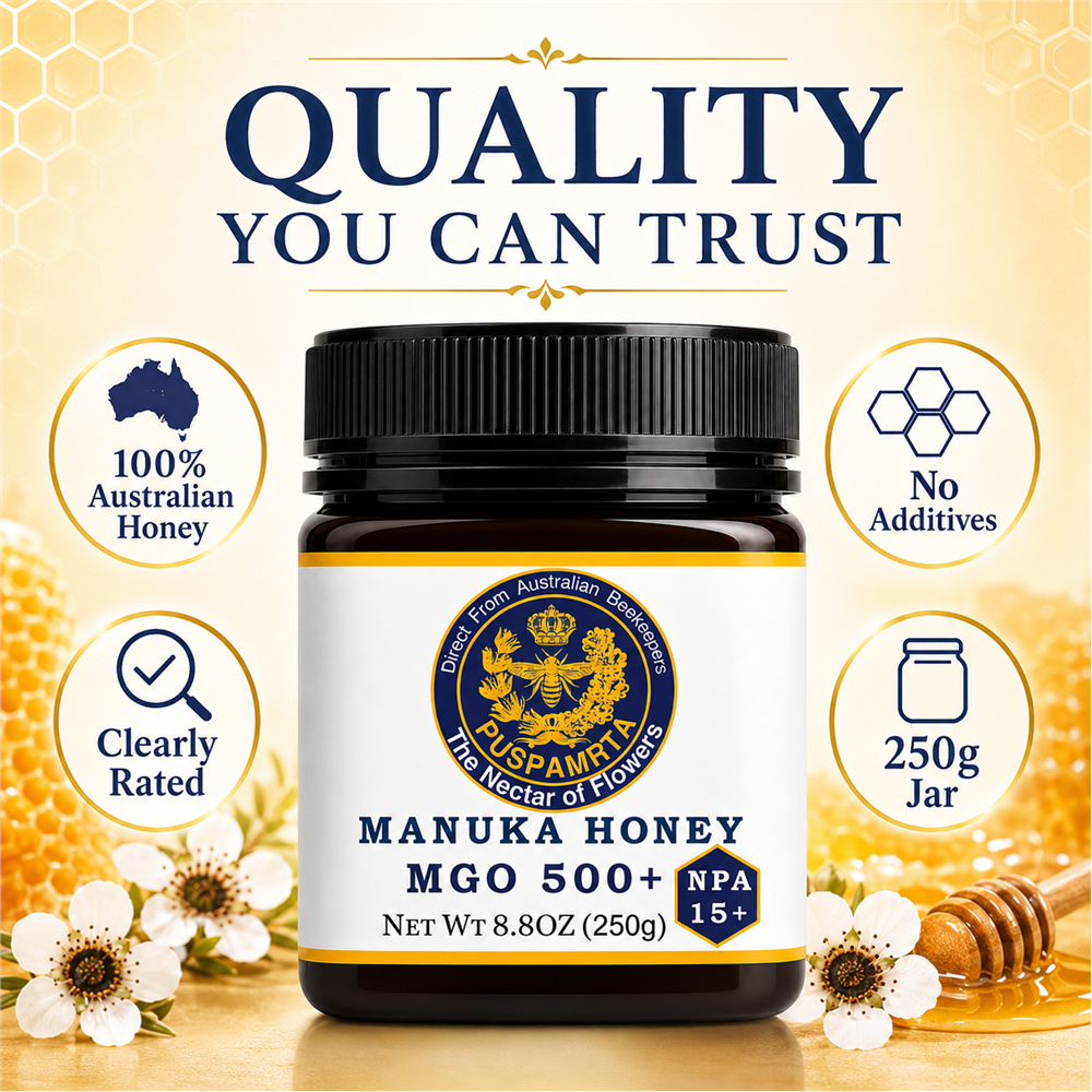 Puspamrta MGO 500+ Australian Manuka Honey available in 250g and 500g jars