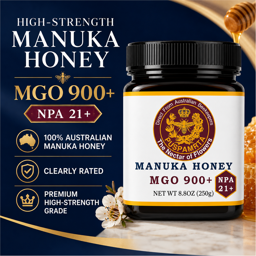Puspamrta MGO 900+ Australian Manuka Honey available in 250g and 500g jars