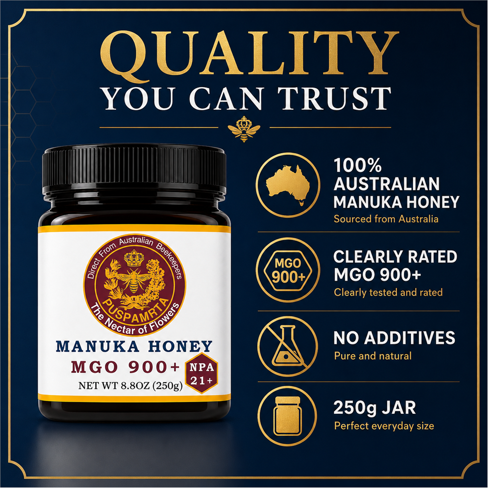 Puspamrta MGO 900+ Australian Manuka Honey available in 250g and 500g jars