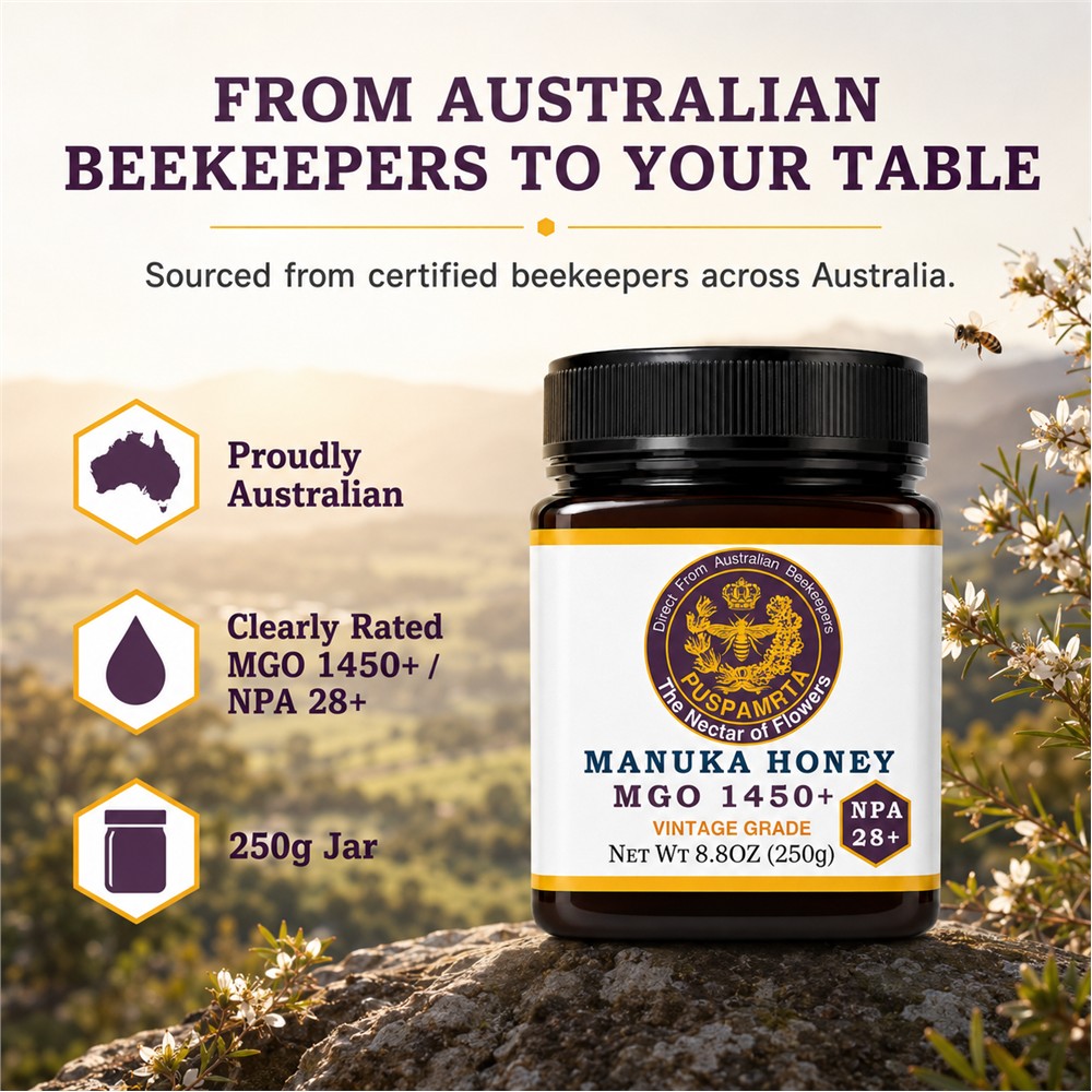 Puspamrta MGO 1450+ Australian Manuka Honey 250g jar with NPA 28+ label