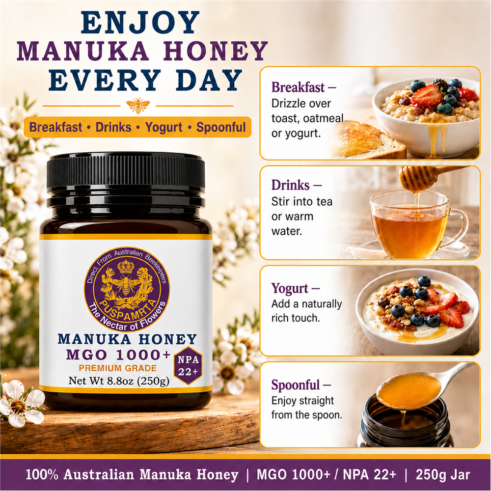 Puspamrta MGO 1000+ Australian Manuka Honey 250g jar available online at Evithi