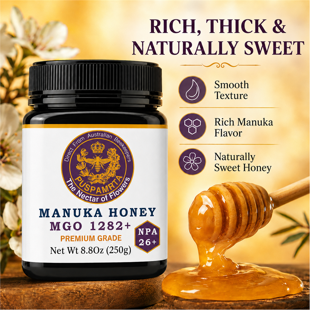 Puspamrta MGO 1282+ Australian Manuka Honey 250g jar available online at Evithi