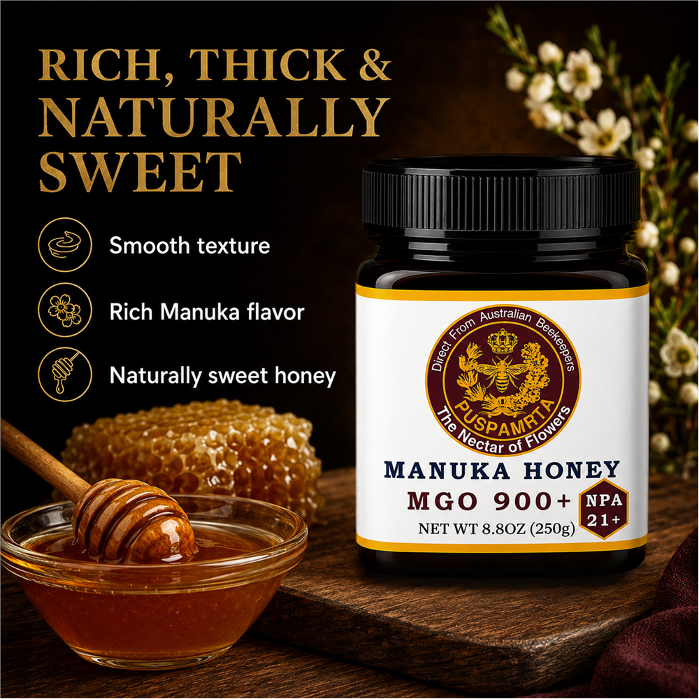Puspamrta MGO 900+ Australian Manuka Honey available in 250g and 500g jars