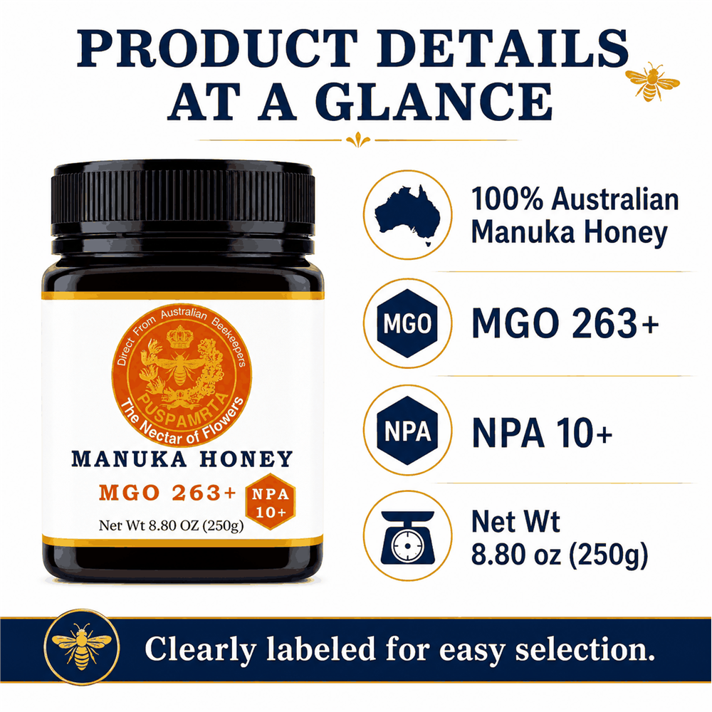 Puspamrta MGO 263+ Australian Manuka Honey available in 250g and 500g jars