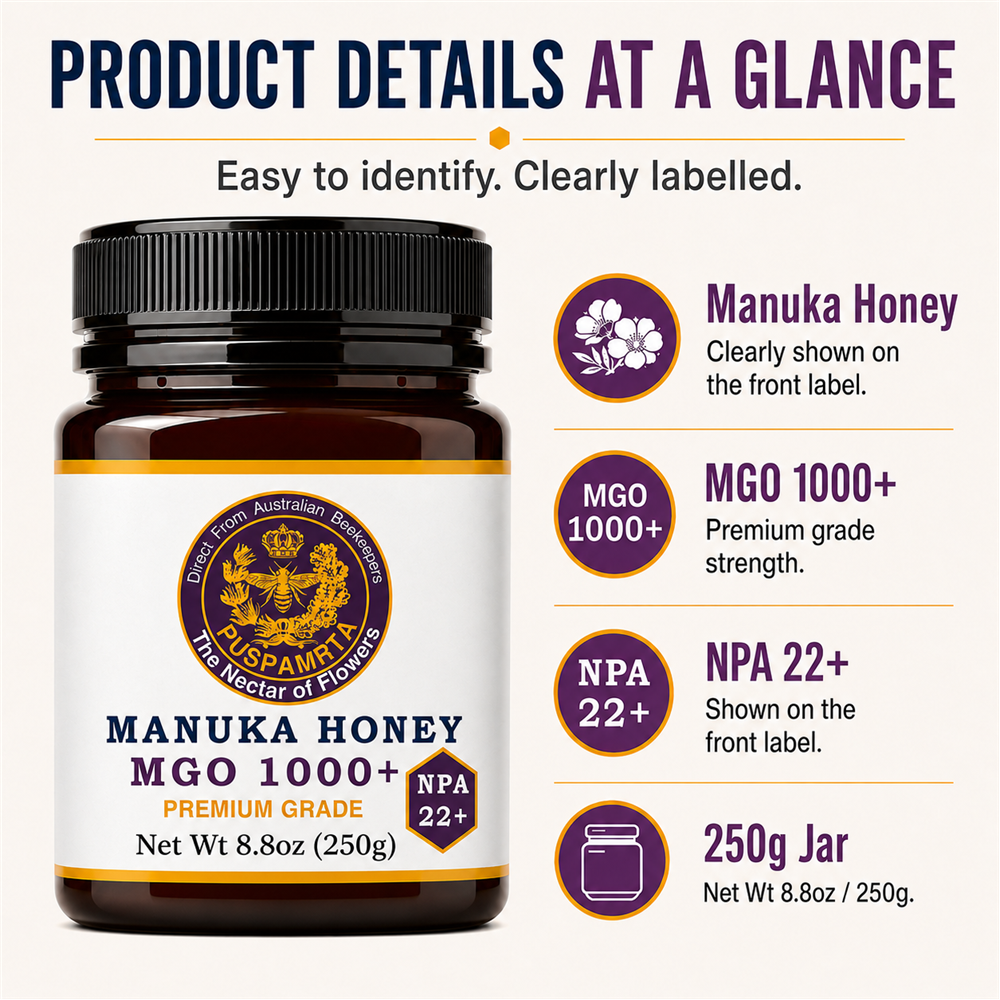 Puspamrta MGO 1000+ Australian Manuka Honey 250g jar available online at Evithi
