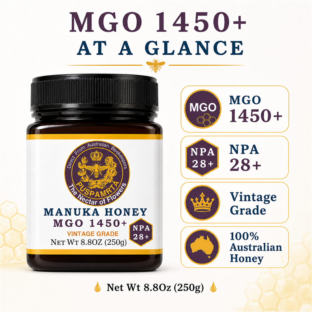 Puspamrta MGO 1450+ Australian Manuka Honey 250g jar with NPA 28+ label