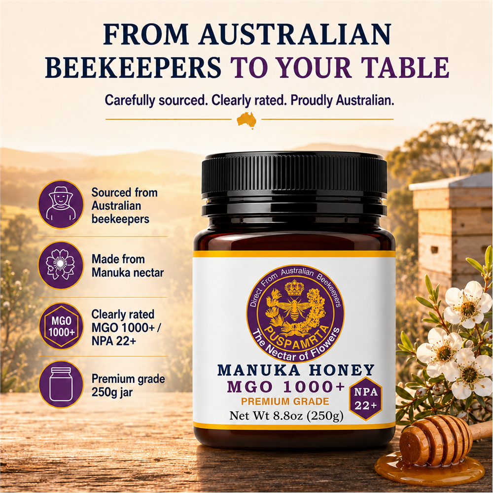 Puspamrta MGO 1000+ Australian Manuka Honey 250g jar available online at Evithi
