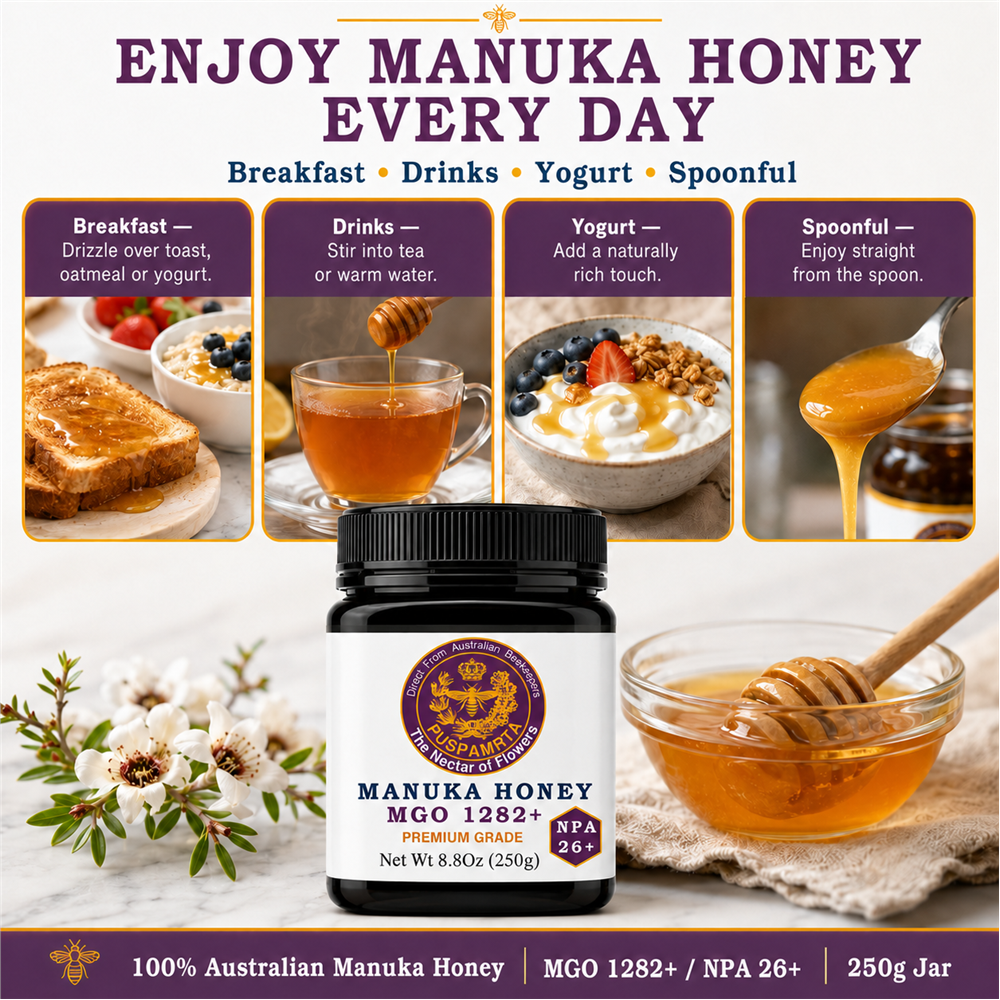 Puspamrta MGO 1282+ Australian Manuka Honey 250g jar available online at Evithi