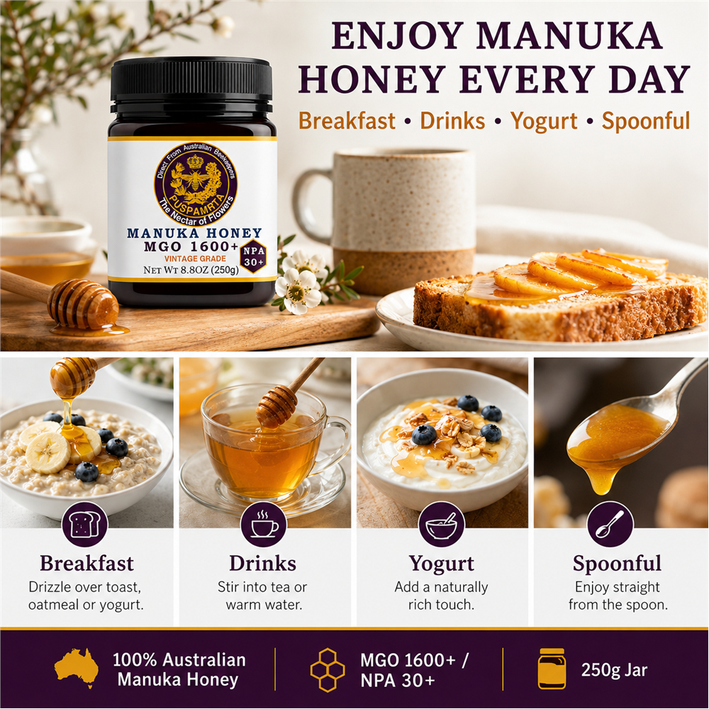 Puspamrta MGO 1600+ Australian Manuka Honey 250g jar with NPA 30+ label