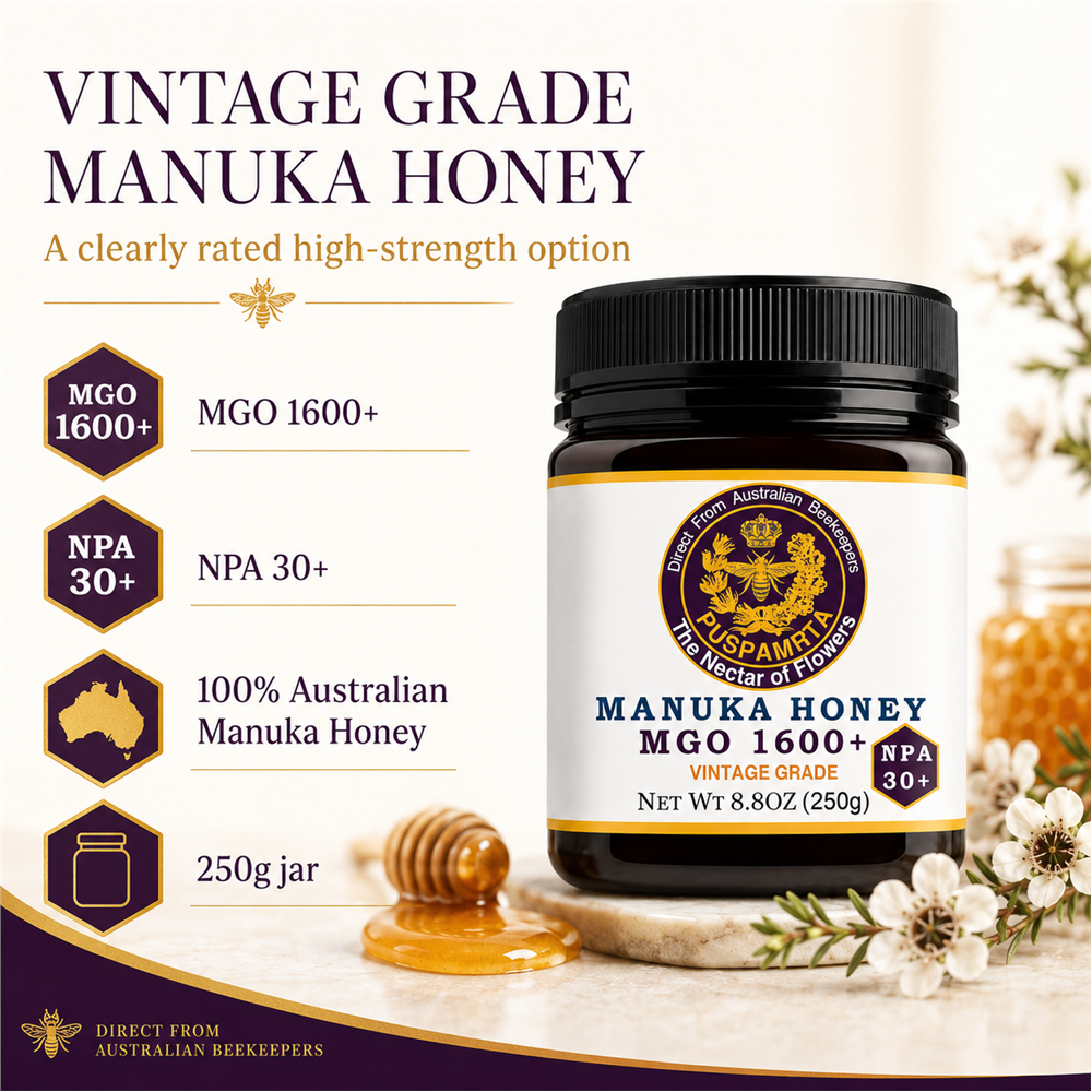 Puspamrta MGO 1600+ Australian Manuka Honey 250g jar with NPA 30+ label
