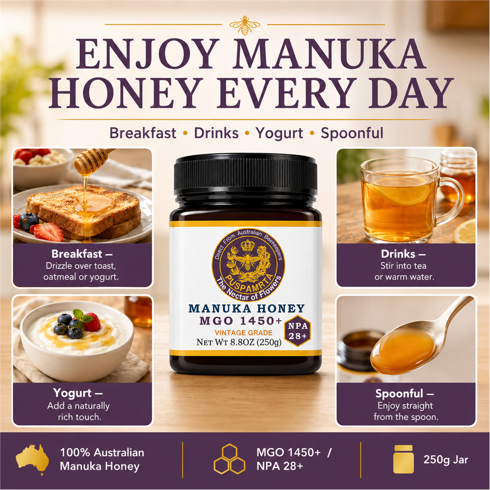 Puspamrta MGO 1450+ Australian Manuka Honey 250g jar with NPA 28+ label