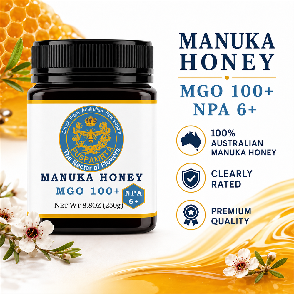 Puspamrta MGO 100+ Australian Manuka Honey available in 250g and 500g jars